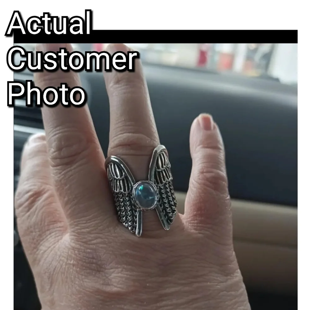 Angel Wings Moonstone Feather Ring Silver Plated Lab Created Gem Multiple Sizes - Picture 12 of 12